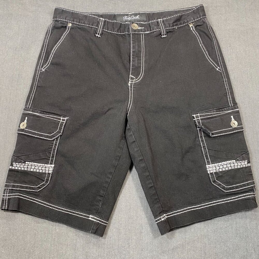 True Luck Black Mens Cargo Y2K Shorts Size 34 Contrast Stitching  Button Pockets